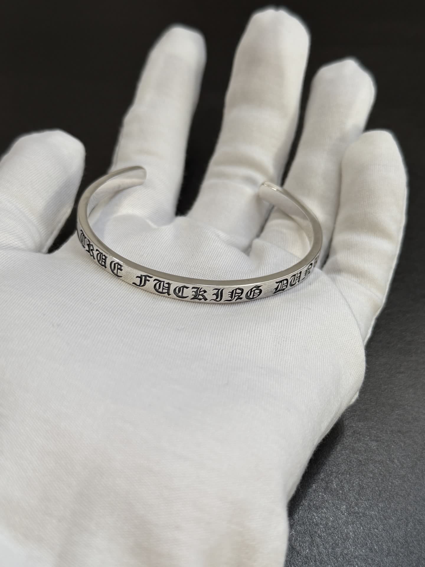 Chrome Hearts Silver Cuff Bracelets with Engraved Text
